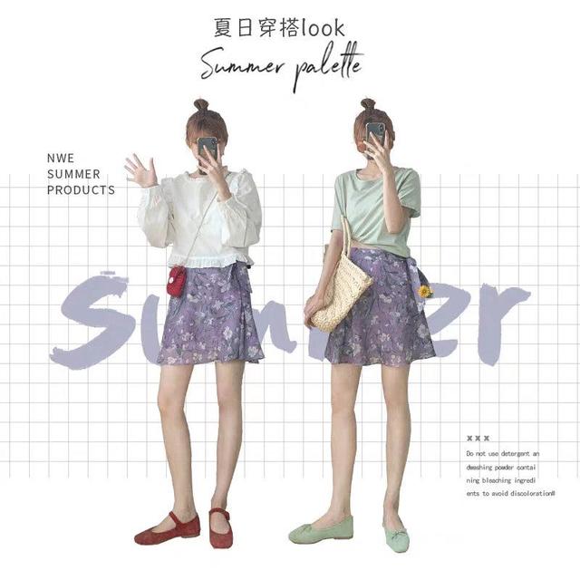 白色长袖雪纺衫 紫色优雅半身裙