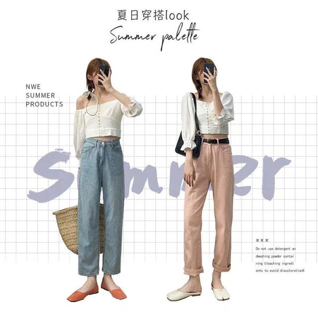 一字肩白色雪纺衫 高腰直筒九分裤