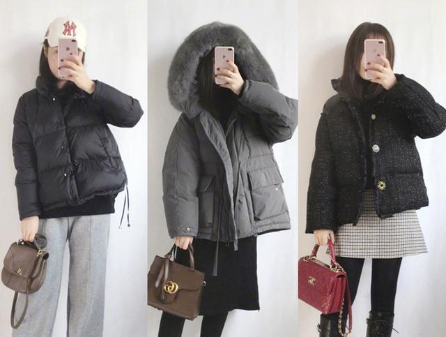 奶奶灰短款羽绒服 黑色包臀裙 黑色打底裤 黑色皮鞋