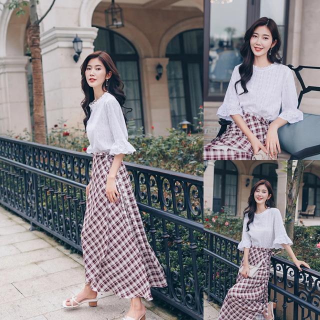 雪纺衫 格子半身裙