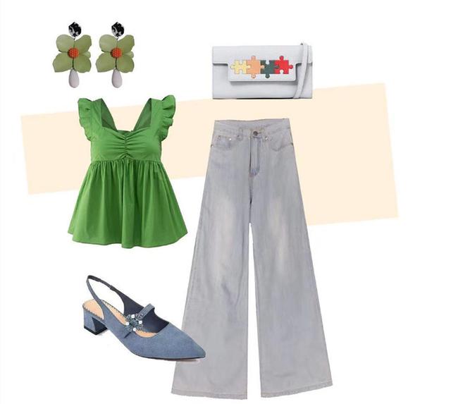 绿色花边小背心 浅色牛仔阔腿裤 浅蓝色尖头凉鞋 手拿包 花朵耳环