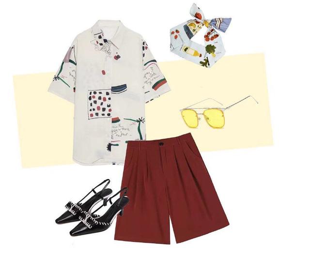 卡通白衬衫 红棕色五分裤 黑色尖头高跟 彩色发带