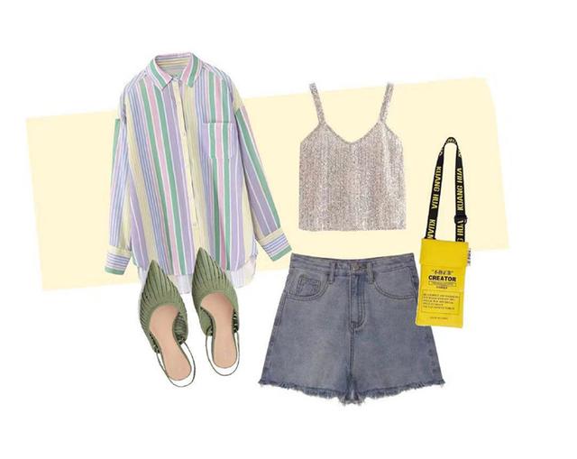 亮片背心 牛仔短裤 彩色系衬衫 浅绿色单鞋