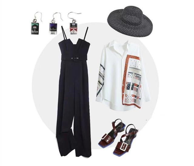 黑色连体背带裤 欧美风彩色衬衫 复古凉鞋