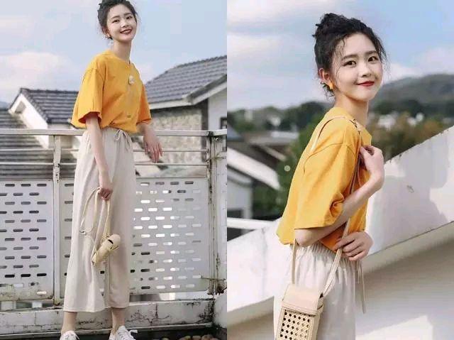 黄色t恤 米色阔腿裤