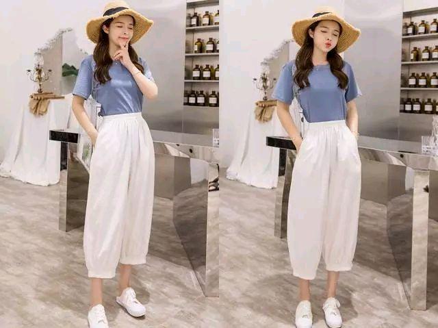 雾霾蓝T恤 灯笼阔腿裤