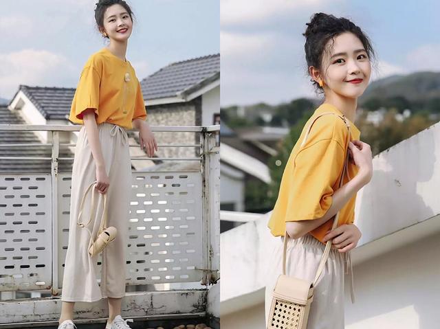 九分阔腿裤 黄色短T恤