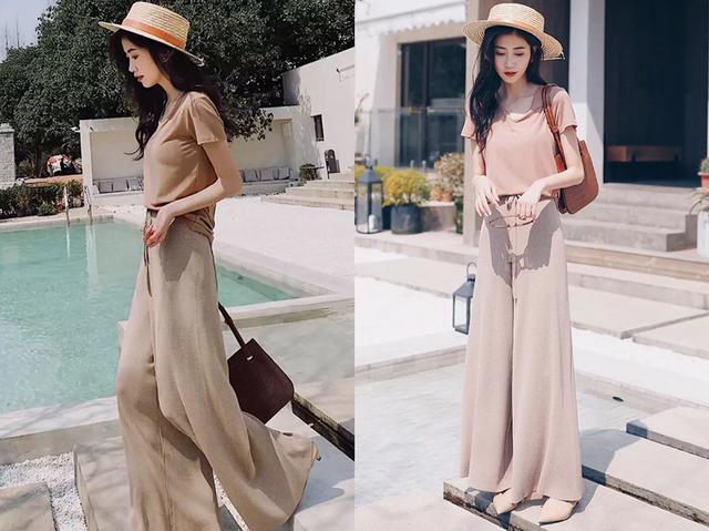 针织阔腿裤 圆领短T恤