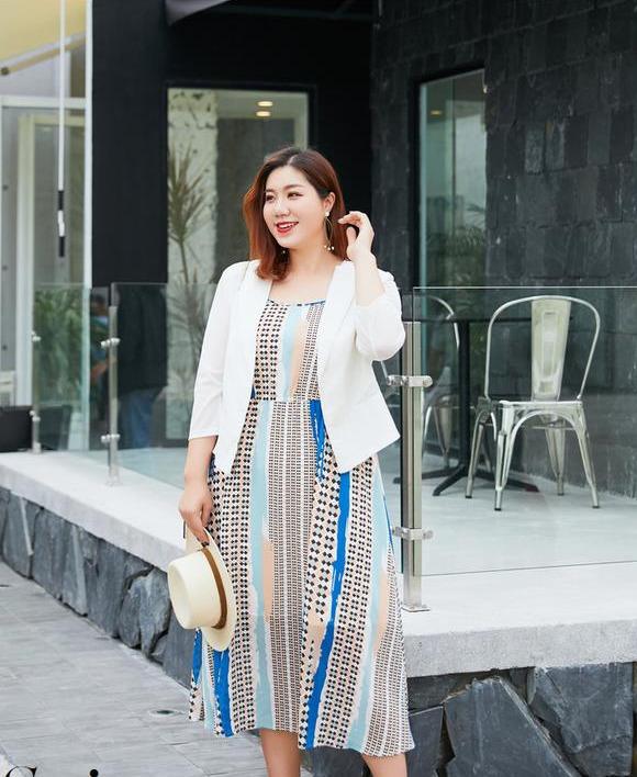 亚麻网纱一粒扣西服 条纹长裙