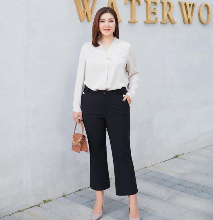 高腰九分裤 v领衬衫