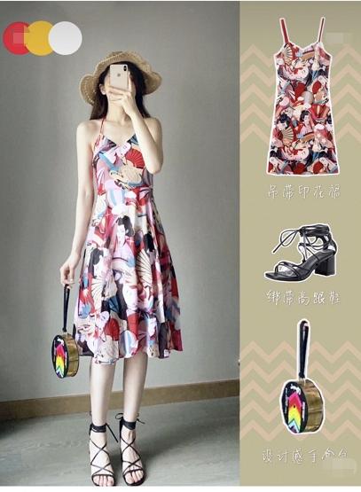 度假风吊带印花裙