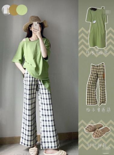 单肩袋绿色中长T恤 阔腿格纹裤