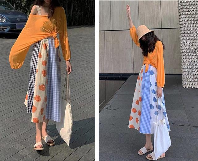拼接吊带裙 橘色防晒衫