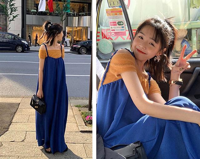 橘色毛绒短上衣 宝蓝色吊带裙