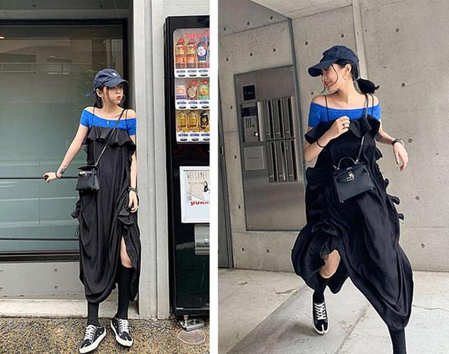 宝蓝色毛绒短上衣 黑色荷叶边吊带裙