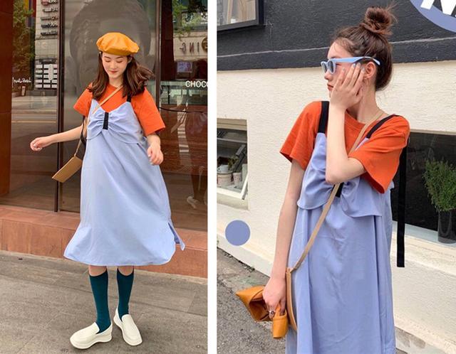 橘色上衣 雾霾蓝蝴蝶结吊带