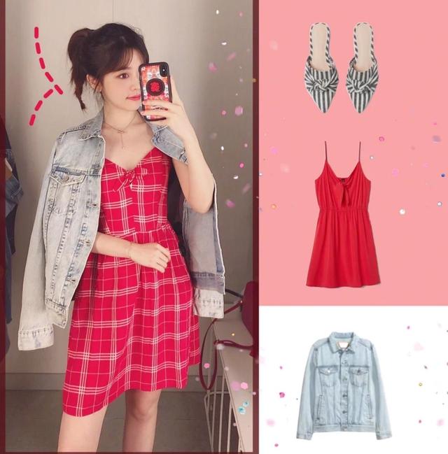 牛仔外套 红色格子吊带裙
