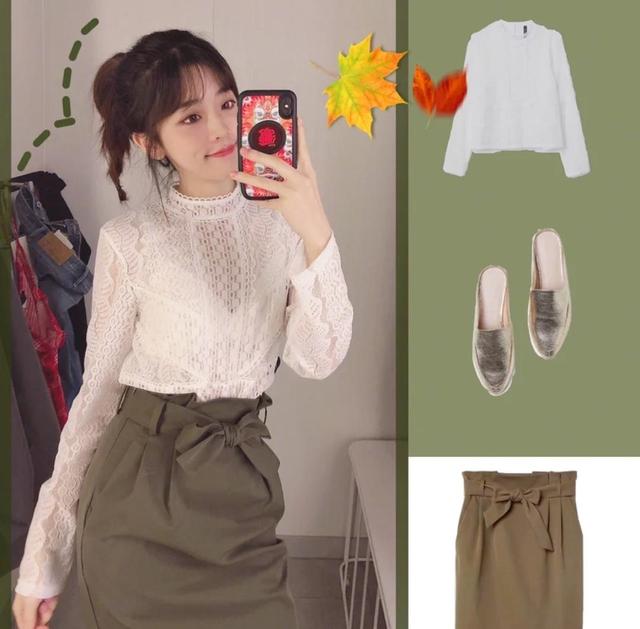 蕾丝镂空上衣 高腰裙