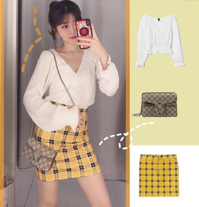 V领上衣 黄色格子半身裙