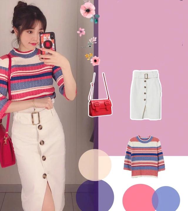 彩虹针织T恤 高腰半身裙