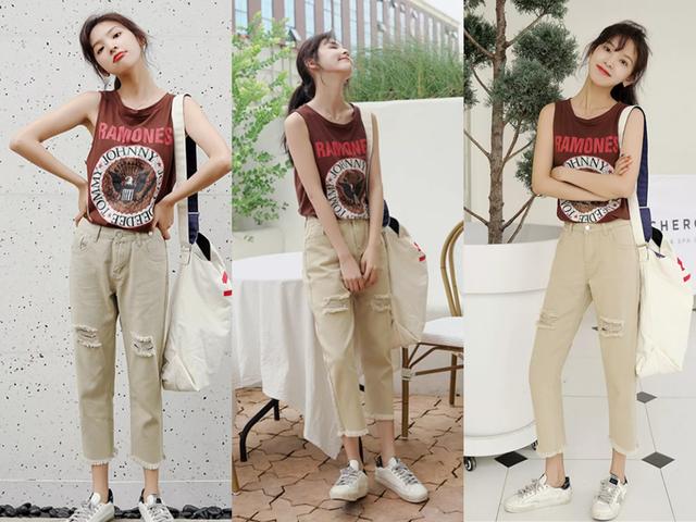 棕色背心衫 九分破洞牛仔裤