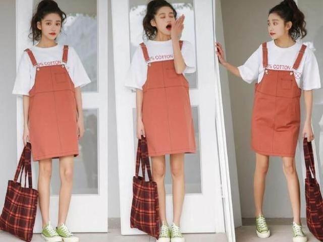 背带裙 纯色T恤