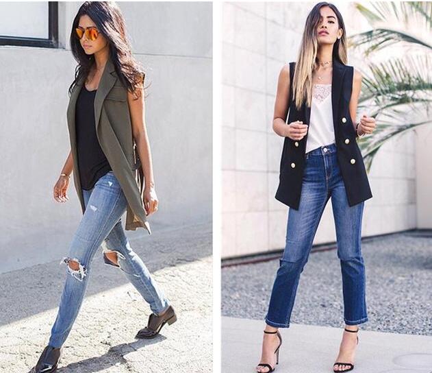 无袖马甲 棉质T 修身牛仔裤