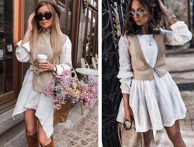 白色衬衫裙 杏色马甲 短靴