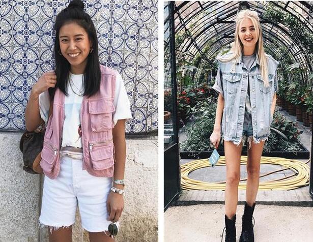 牛仔马甲 棉质T 须边短裤 马丁靴