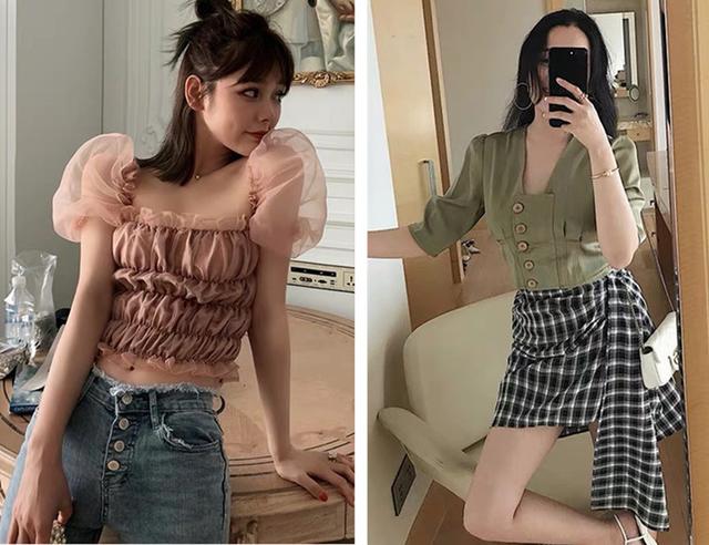 短款上衣 修身牛仔裤