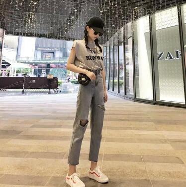 短袖/吊带 破洞牛仔裤