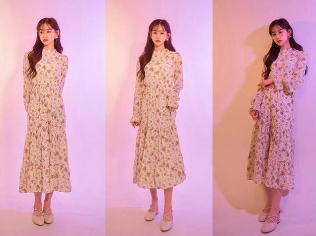 杏色玛丽珍鞋 碎花连衣裙