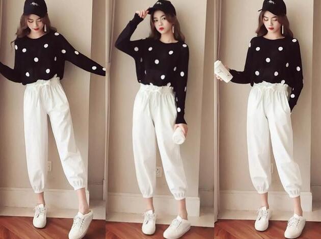 松紧脚九分裤 黑色波点T恤