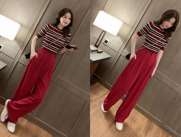 高腰阔腿裤 条纹T恤