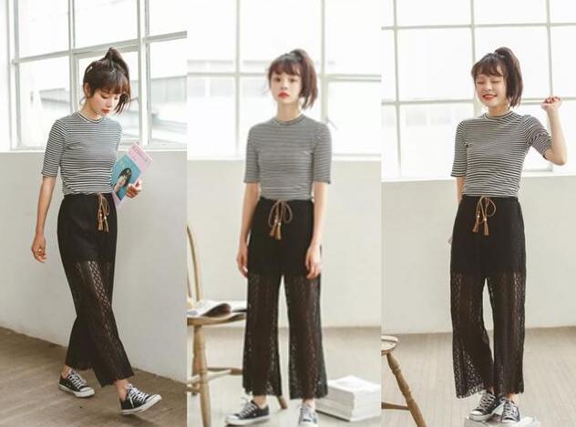 镂空直筒裤 条纹T恤