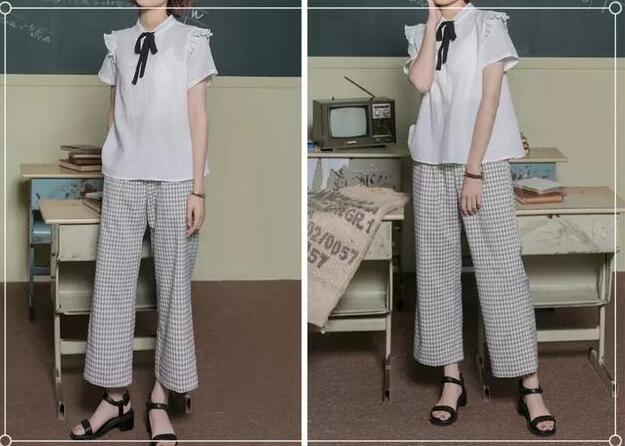白色短衬 格子阔腿裤