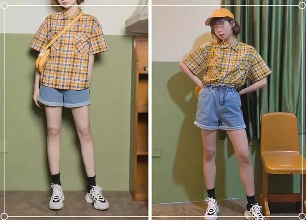 格子衬衫 牛仔短裤