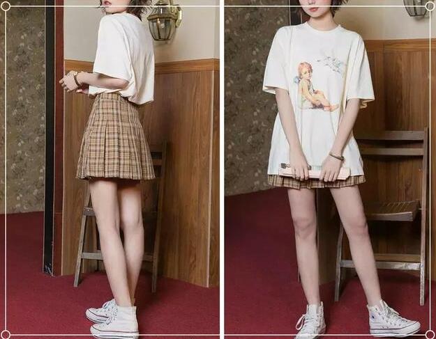 白色T恤 格子学生短裙