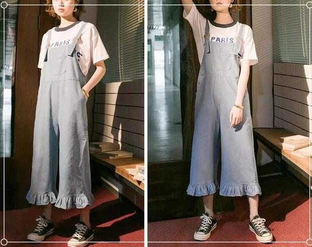 白色T恤 阔腿背带裤