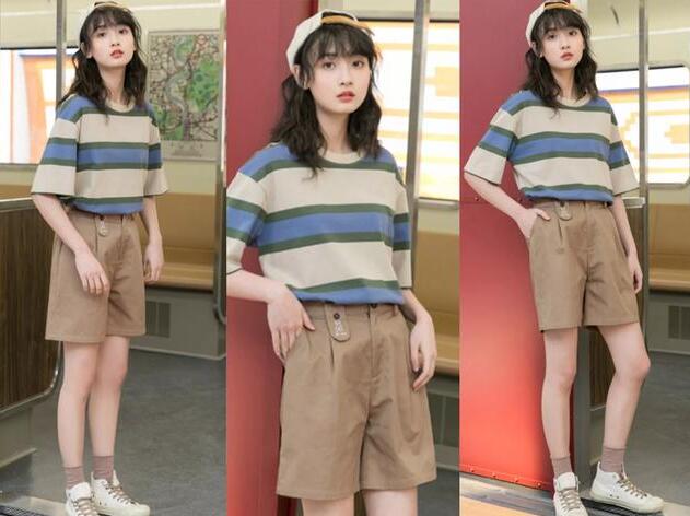 条纹T恤 直筒五分裤