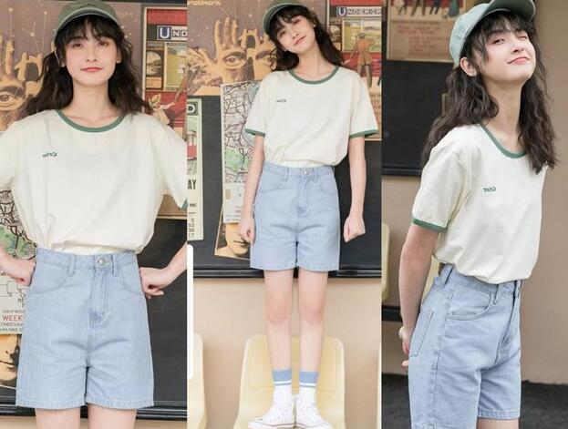 宽松T恤 牛仔五分裤