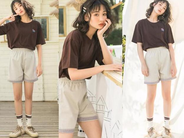 纯色T恤 翻边五分裤