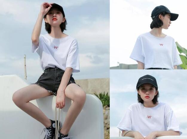 宽松款的白T恤 牛仔短裤