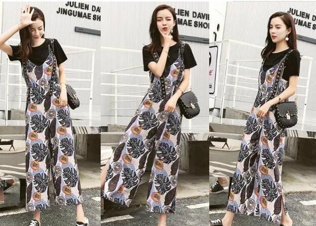 印花背带阔腿裤 黑色短袖t恤