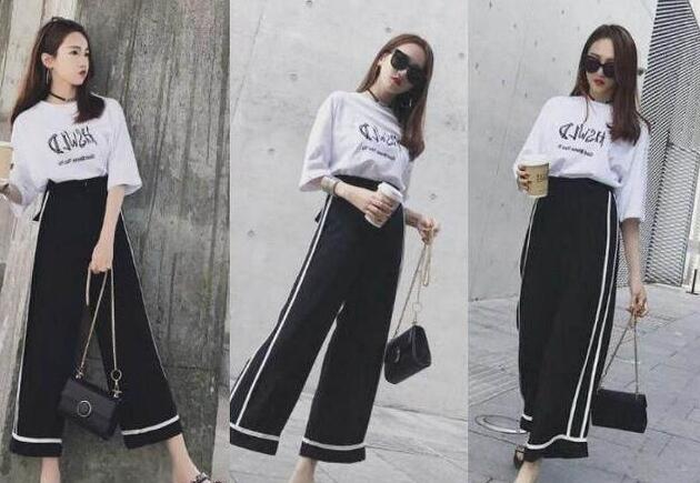 黑色阔腿裤 白色t恤