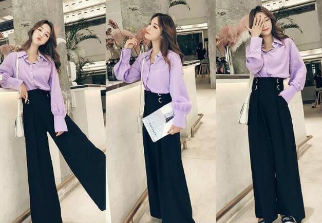 黑色高腰阔腿裤 浅紫色长袖衬衫