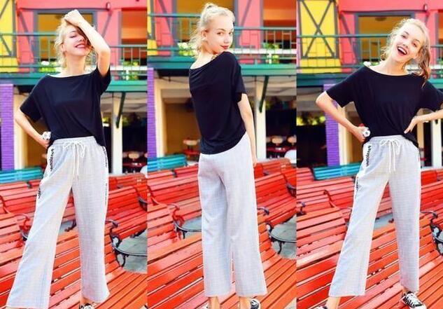 九分格子阔腿裤 黑色上衣