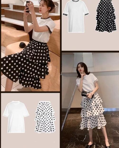 白色蕾丝短袖t 波点蛋糕半身裙