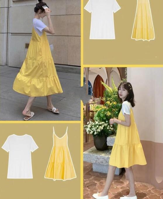 白色短袖t 黄色吊带裙