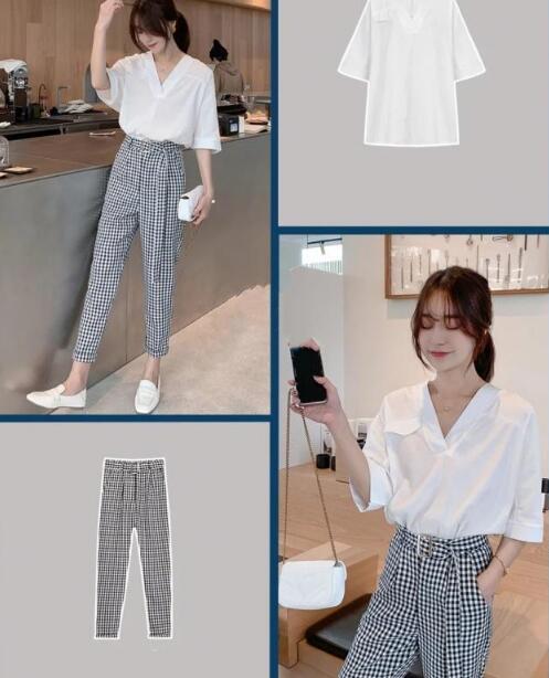 白色衬衫 格子九分裤